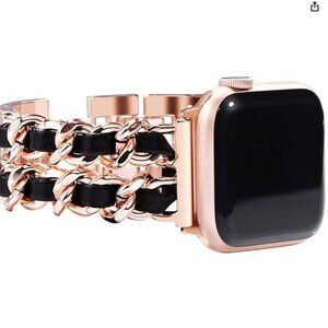 Apple Watch Replacement Band Rose Gold Link with Black Leather